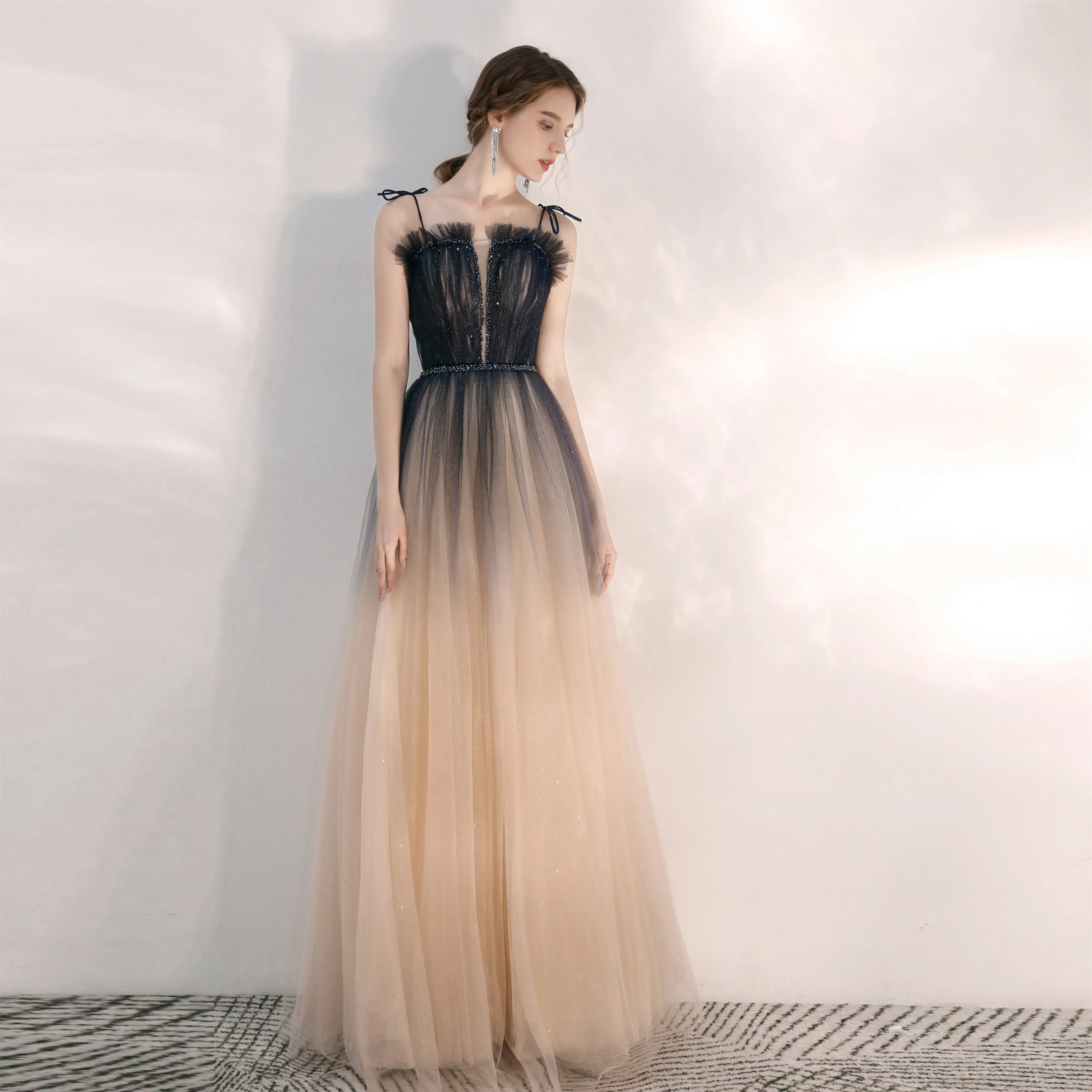 Romantic Tulle Champagne Formal Flowy Prom Dress