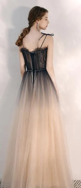 Romantic Tulle Champagne Formal Flowy Prom Dress