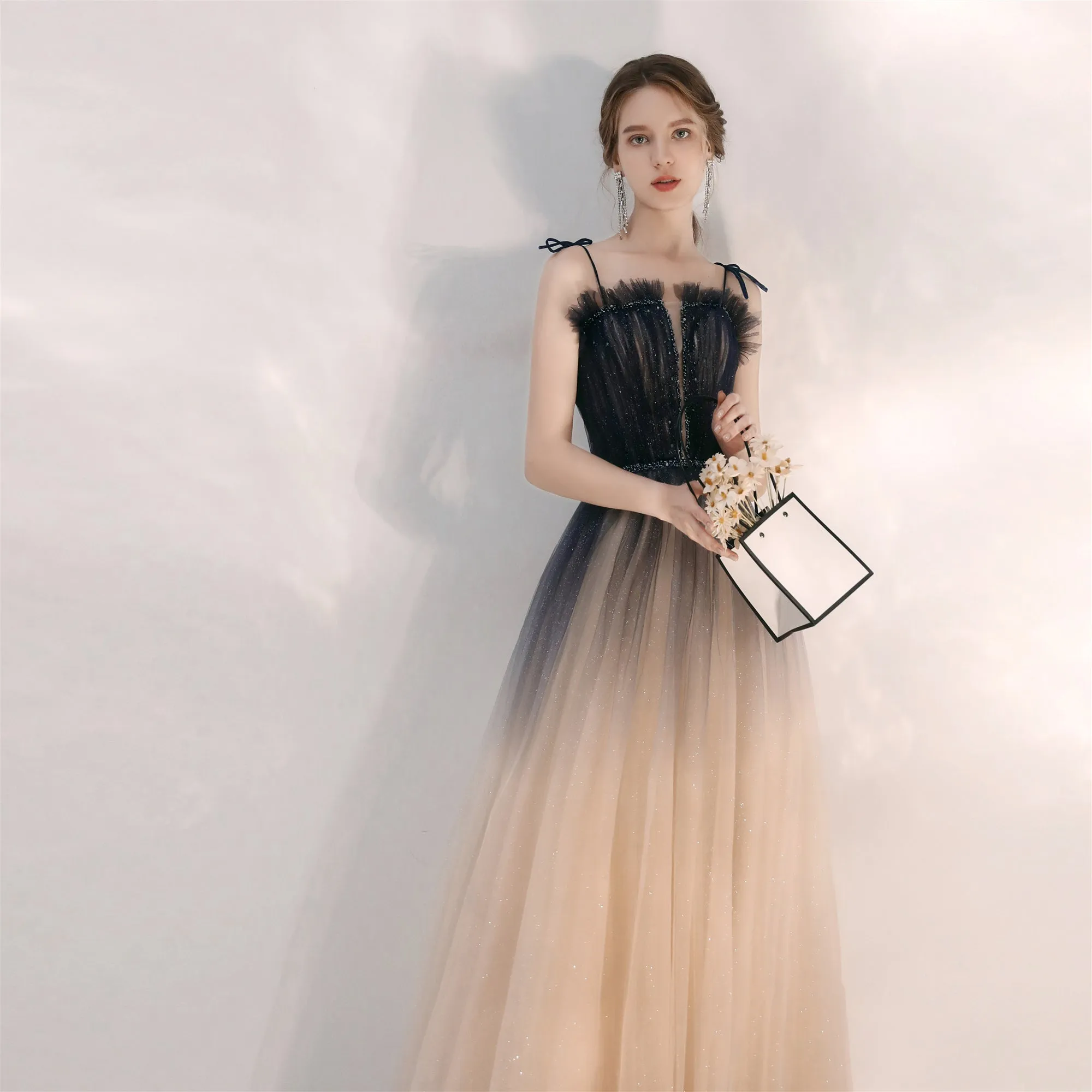 Romantic Tulle Champagne Formal Flowy Prom Dress