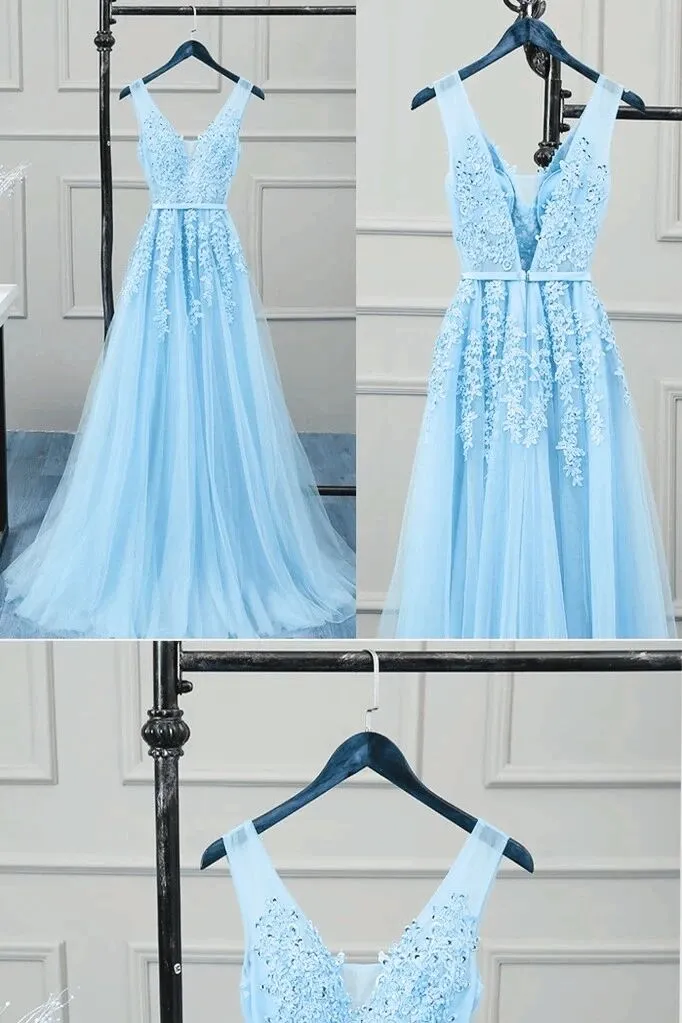 Romantic Tulle Lace V Back Sky Blue See Through Prom Dress Formal Dress #21111222