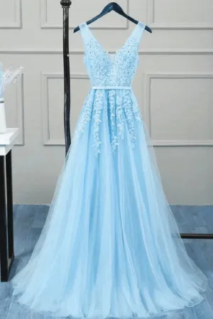 Romantic Tulle Lace V Back Sky Blue See Through Prom Dress Formal Dress #21111222