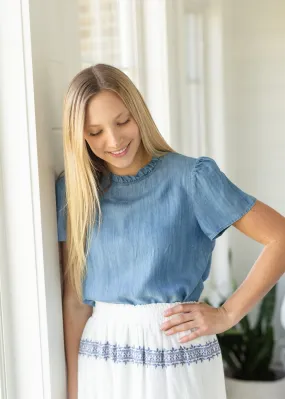 Ruffle Neck Denim Chambray Top