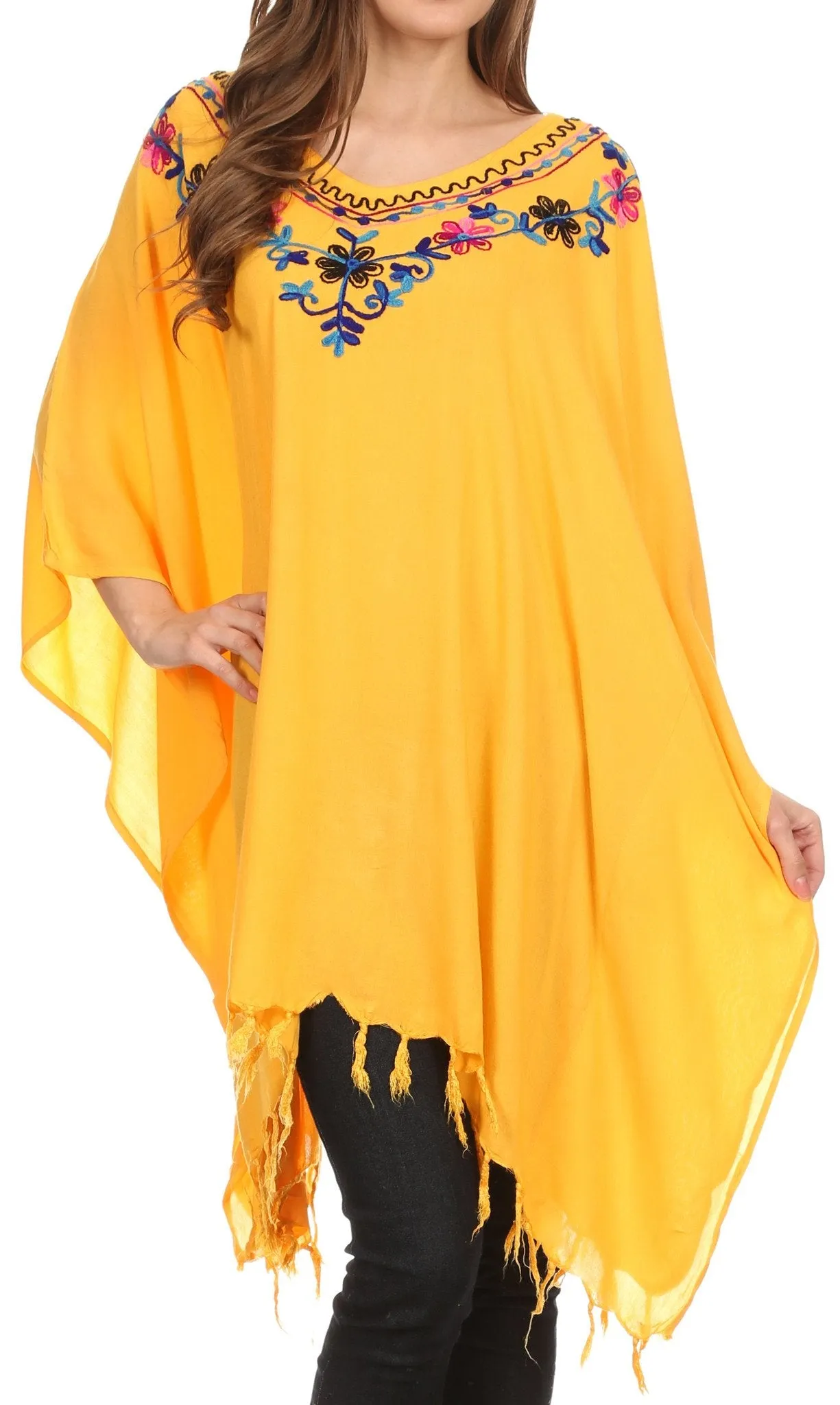 Sakkas  Ballary Embroidered Square Poncho Top Open Sleeves Cover Up With Fringe