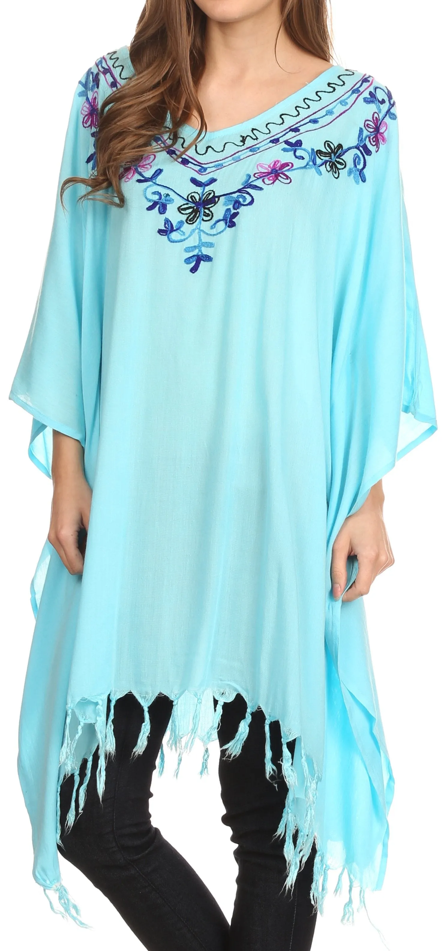 Sakkas  Ballary Embroidered Square Poncho Top Open Sleeves Cover Up With Fringe