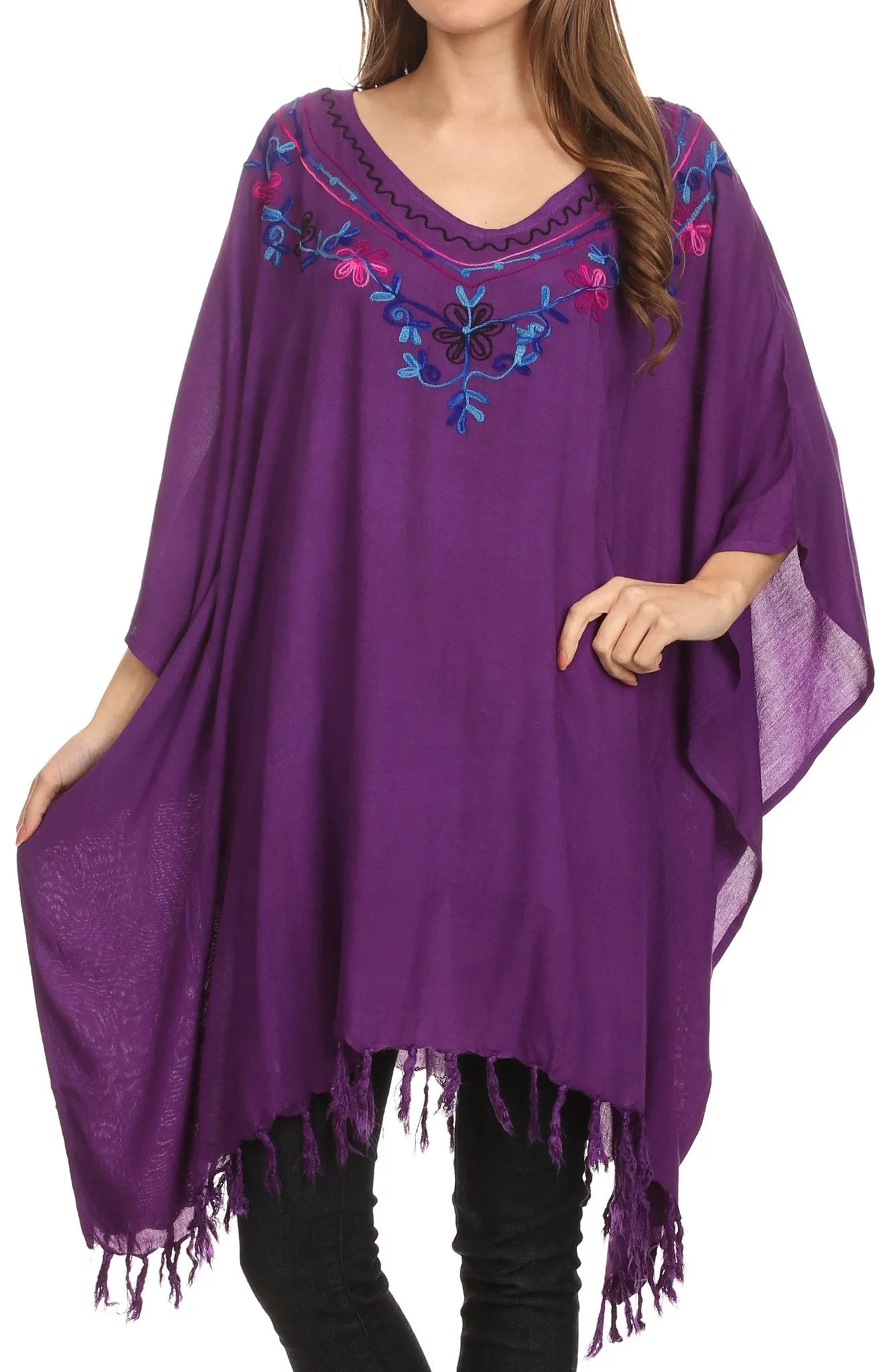 Sakkas  Ballary Embroidered Square Poncho Top Open Sleeves Cover Up With Fringe