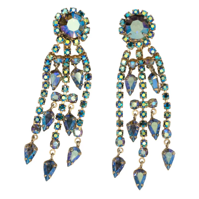 Sapphire Aurora Borealis Chandelier Earrings by Hattie Carnegie