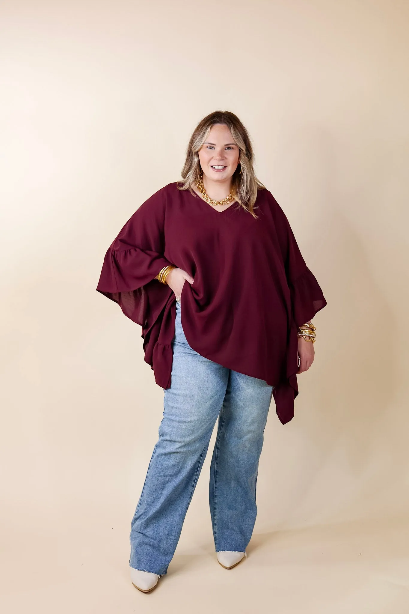 Secret Strength Ruffle Detail Poncho Top in Maroon