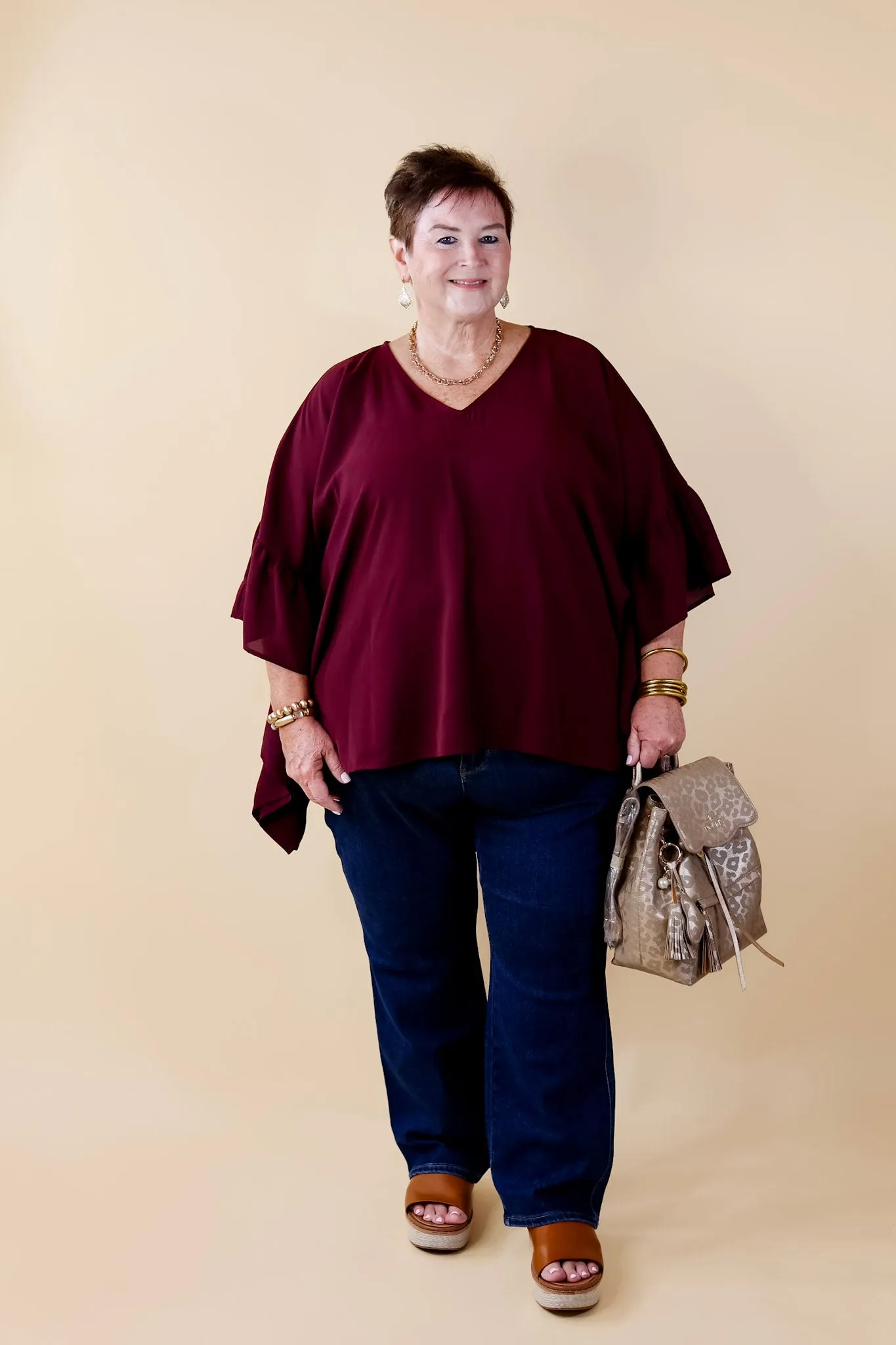 Secret Strength Ruffle Detail Poncho Top in Maroon