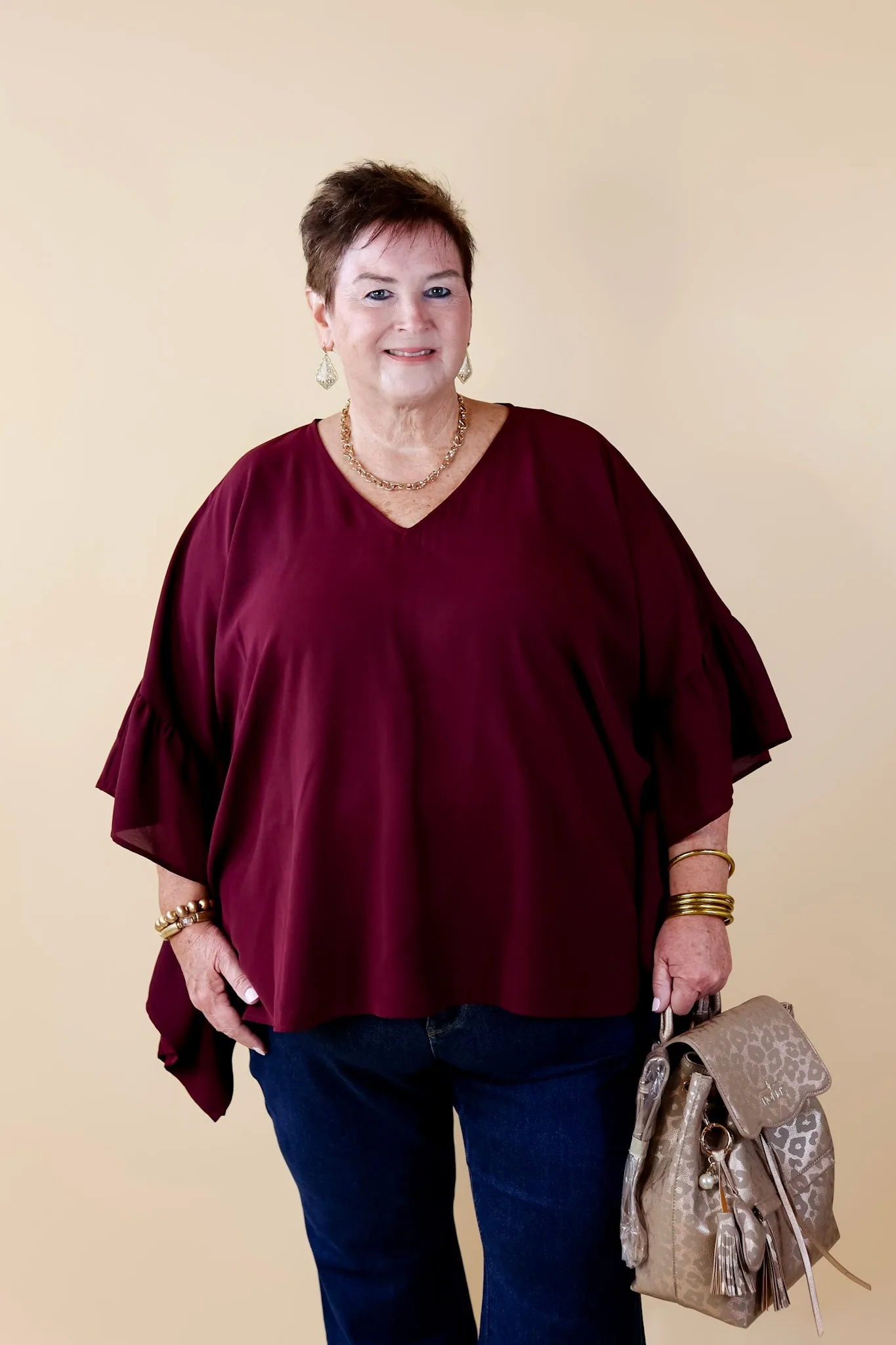 Secret Strength Ruffle Detail Poncho Top in Maroon