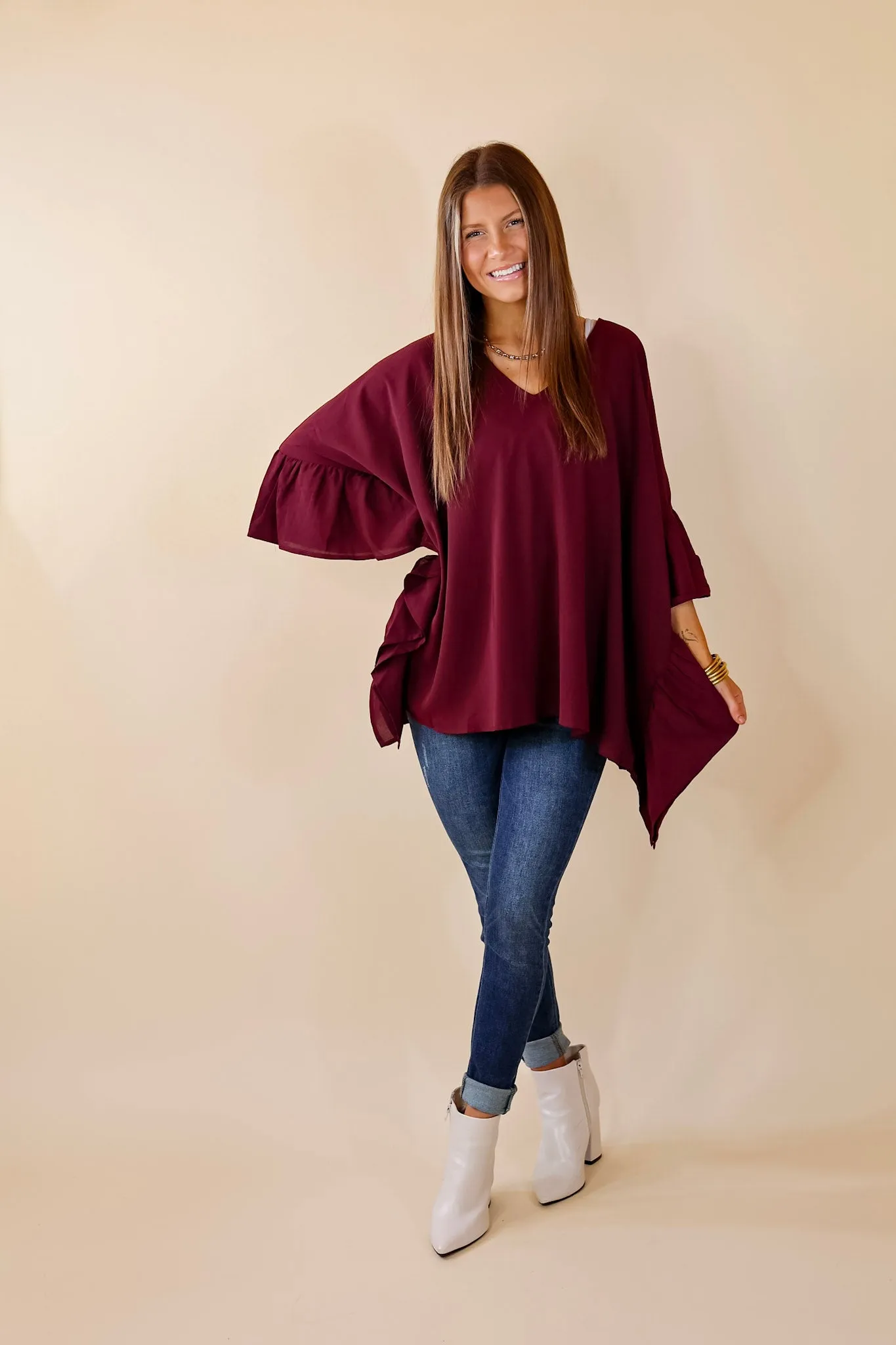 Secret Strength Ruffle Detail Poncho Top in Maroon