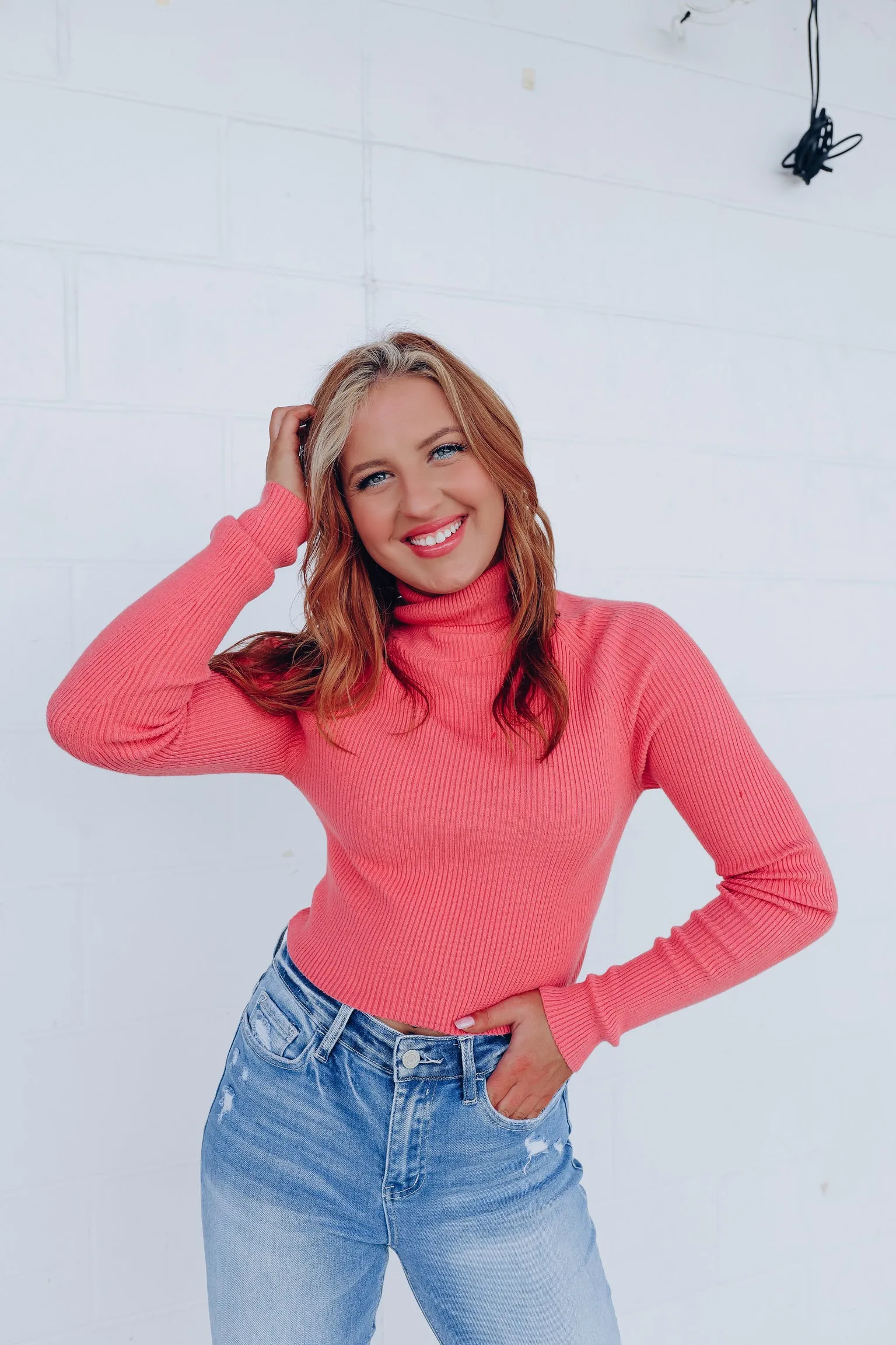 Set The Tone Turtleneck Neck Cropped Sweater - Salmon