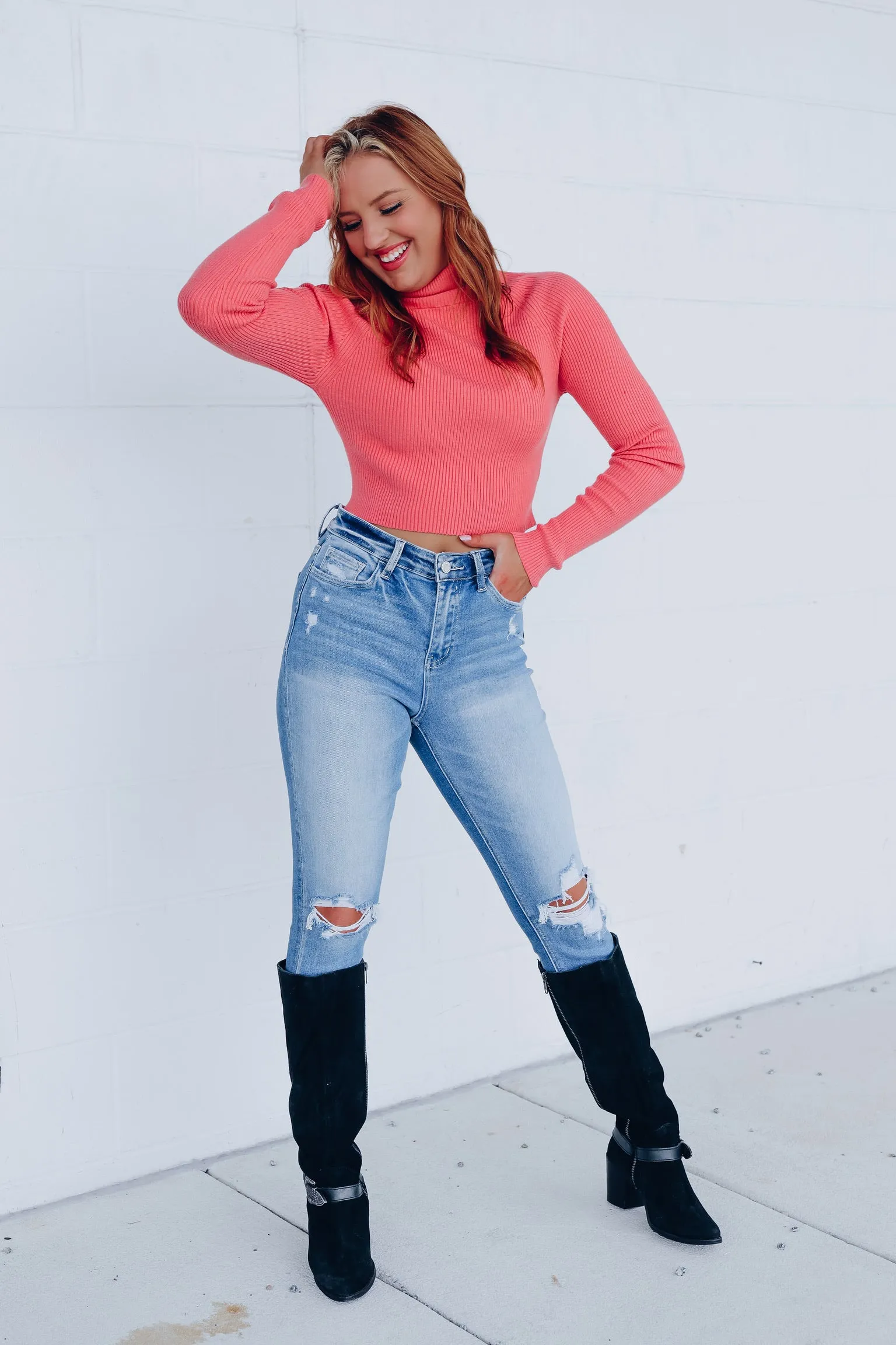 Set The Tone Turtleneck Neck Cropped Sweater - Salmon