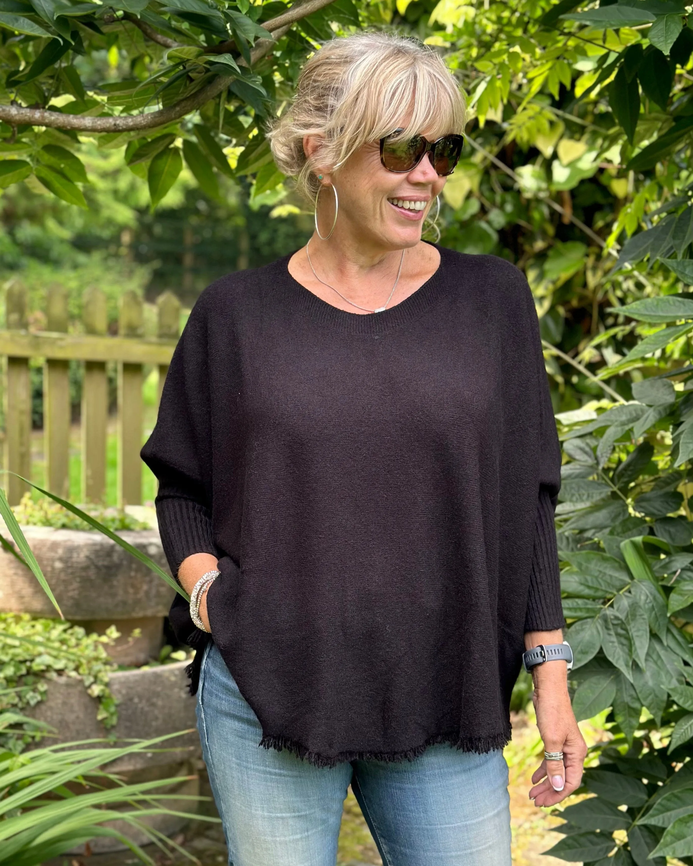 Slash Neck Fringed Poncho Jumper - Black