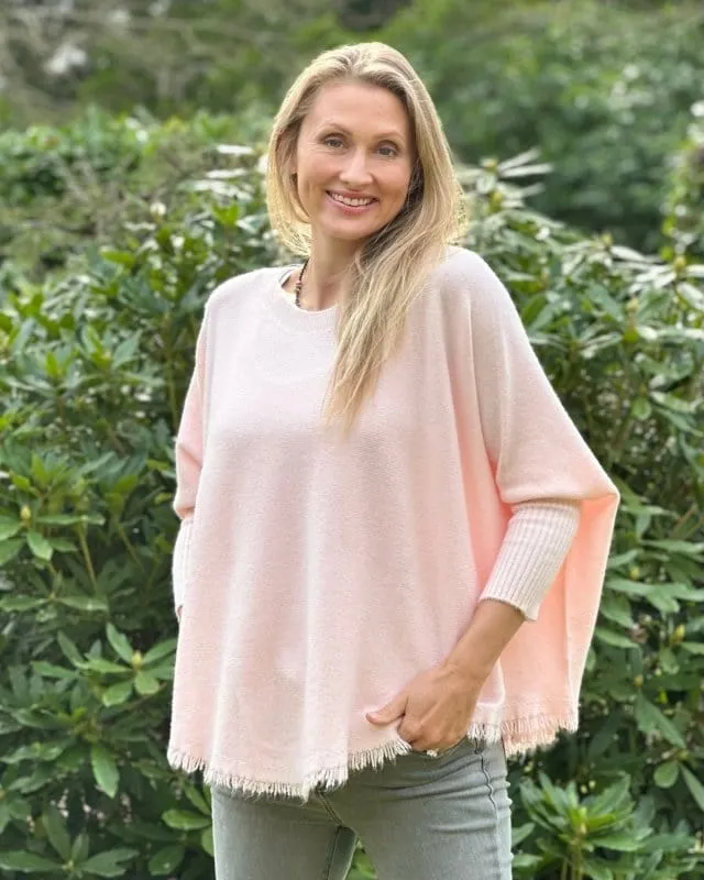 Slash Neck Fringed Poncho Jumper - Pale Pink