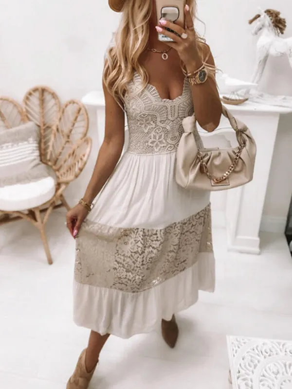 Sleeveless lace stitching dress