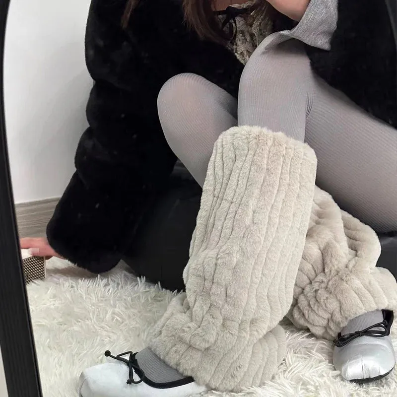 Sohiwoo Women Plush Leg Warmers Thickened Imitation Mink Fur Boots Cover Warm Leggings Boots Mid Length Socks Harajuku Party Accessories