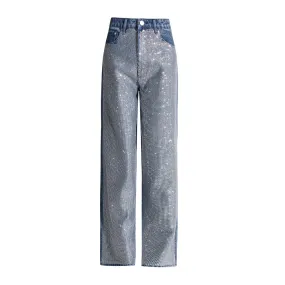 Solid Streetwear Loose Jeans For Women High Waist Patchwork Diamonds Casual Denim Wide Leg Pants Female Fashion Clothing