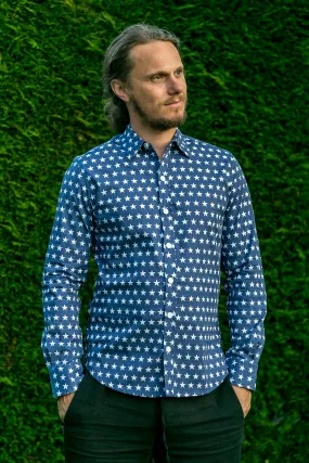 Stars Blue Print Cotton Slim Fit Mens Shirt Long Sleeve