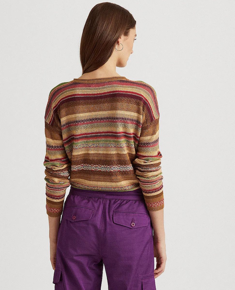 Striped Cotton-Linen Boatneck Sweater In Tan Multi