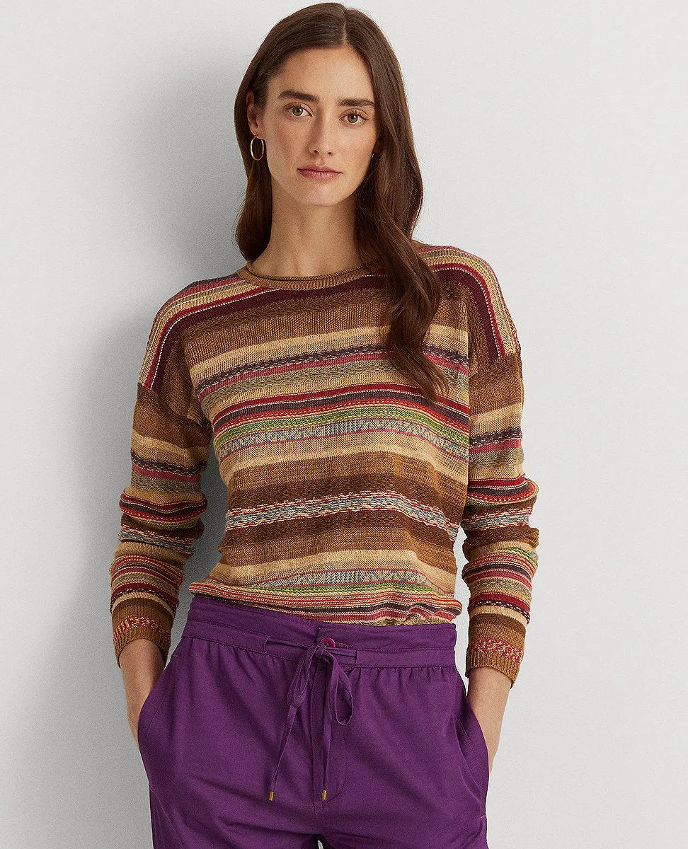 Striped Cotton-Linen Boatneck Sweater In Tan Multi