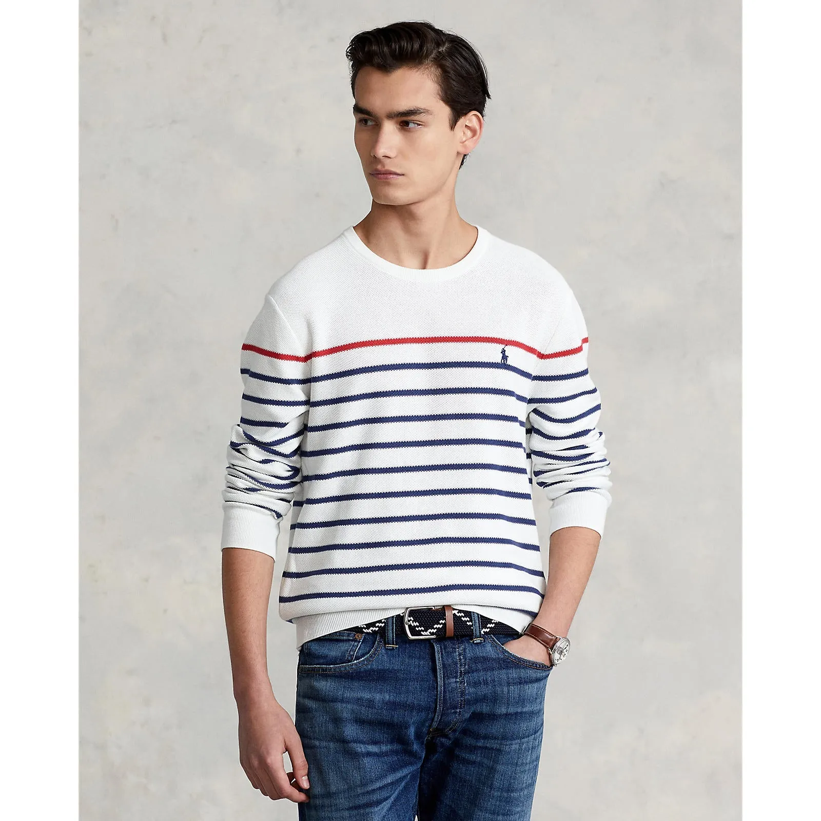 Striped Mesh Knit Cotton Sweater - Deckwash White