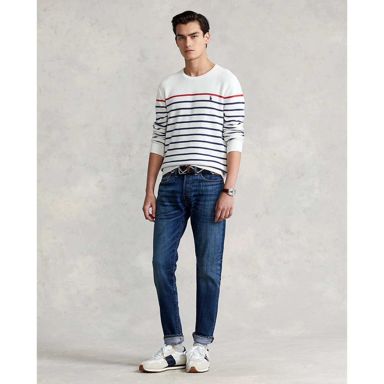 Striped Mesh Knit Cotton Sweater - Deckwash White