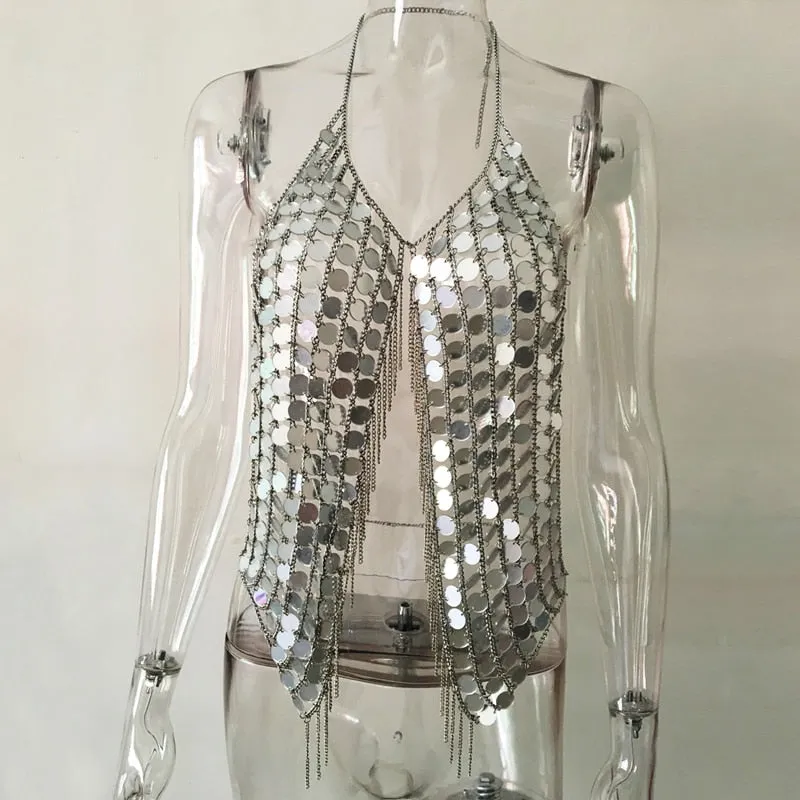 TEEK - Handmade Sequins Chain Halter Top