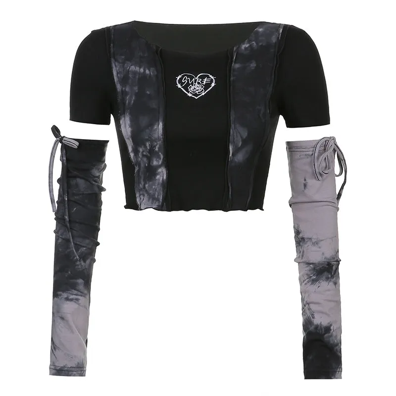 Tie Dye Short Sleeve Black Shirt Top Long Arm Warmers