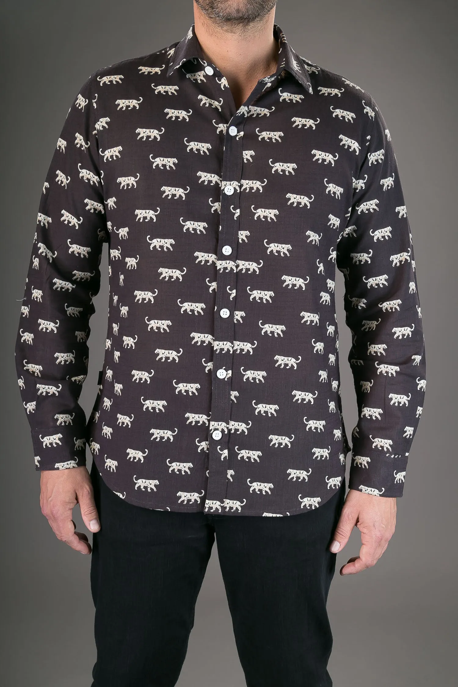 Tigers Black Print Cotton Slim Fit Mens Shirt Long Sleeve