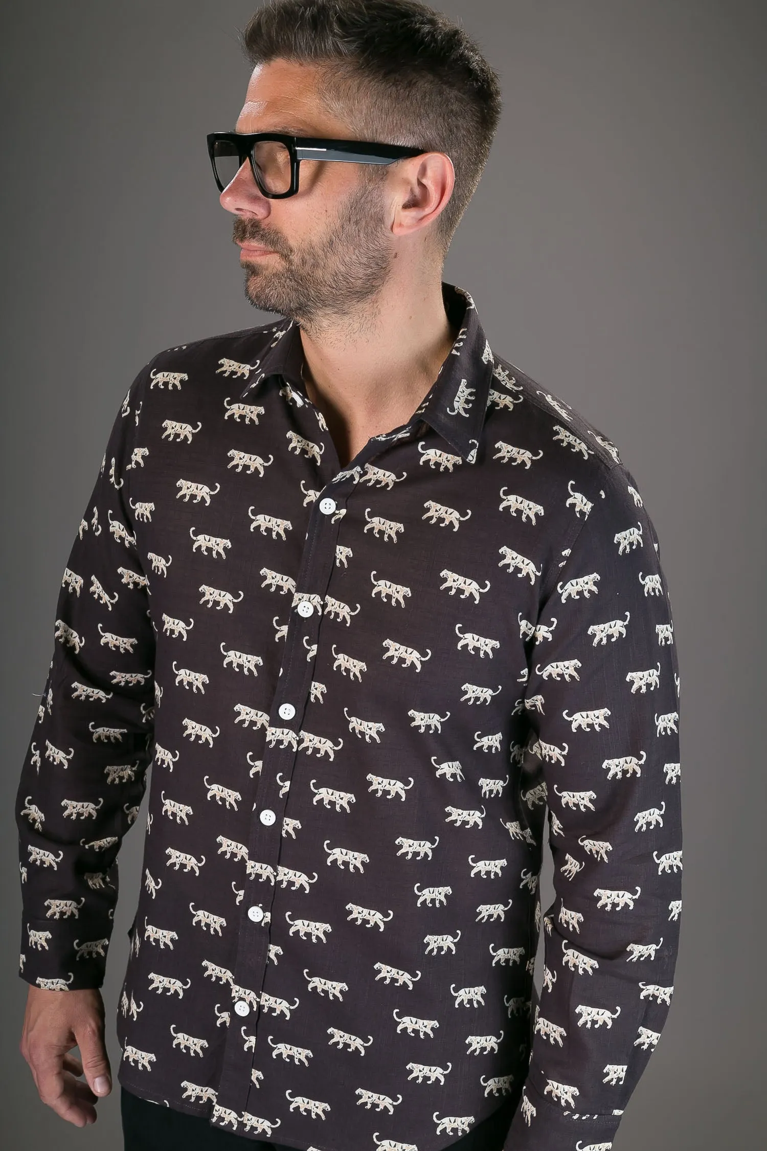 Tigers Black Print Cotton Slim Fit Mens Shirt Long Sleeve