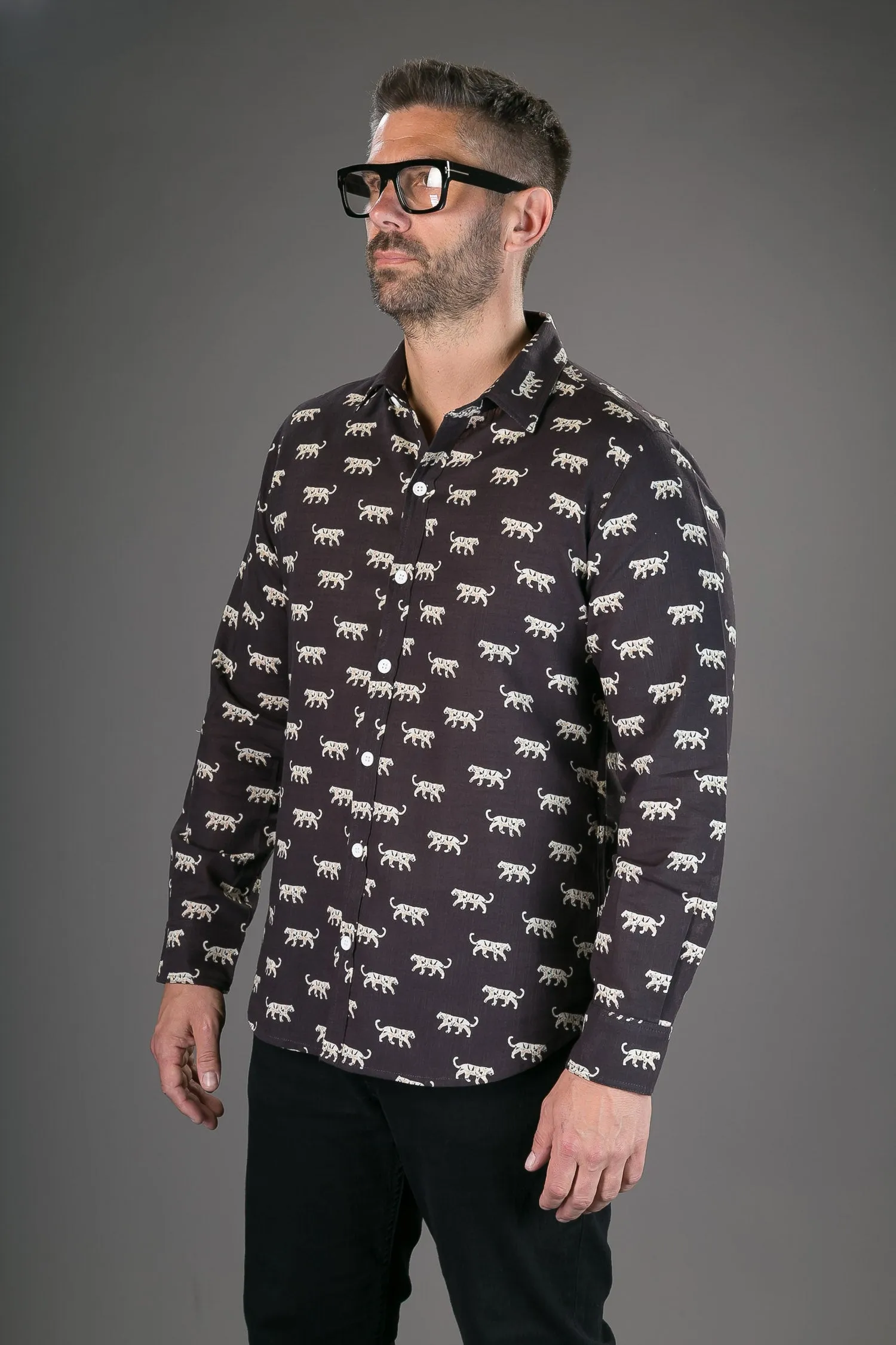 Tigers Black Print Cotton Slim Fit Mens Shirt Long Sleeve