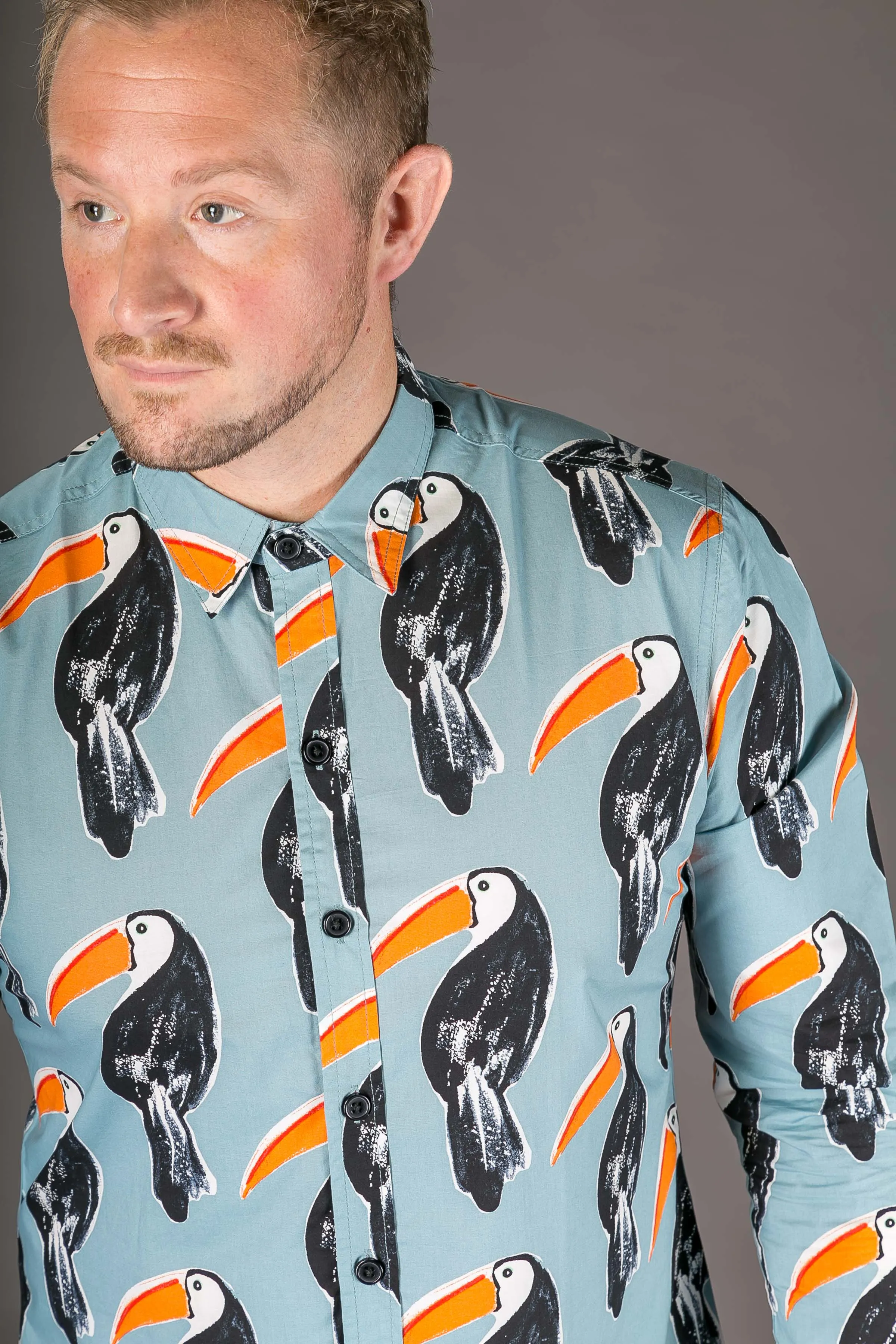 Toucan Bird Blue Print Cotton Slim Fit Mens Shirt Long Sleeve