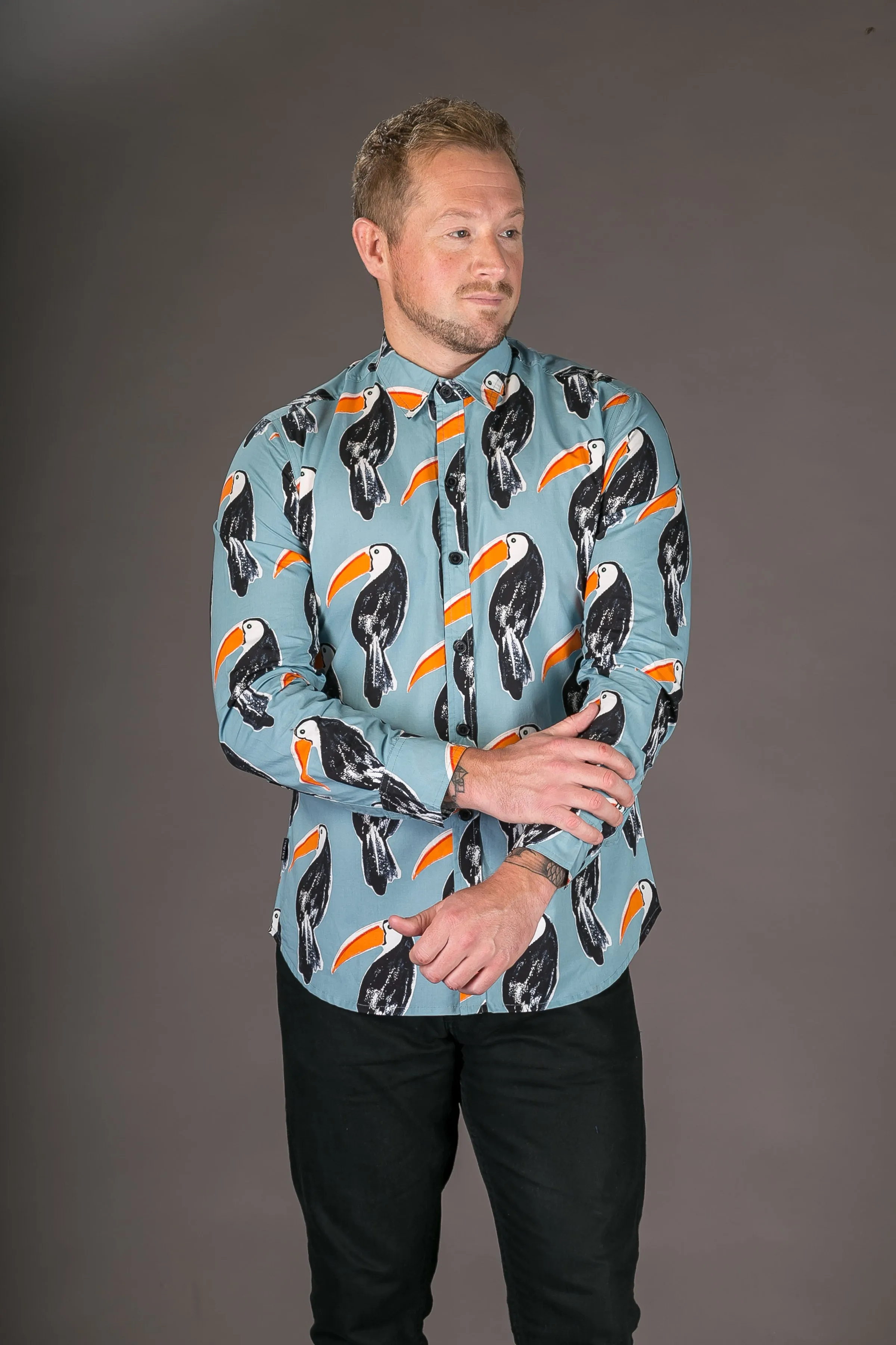 Toucan Bird Blue Print Cotton Slim Fit Mens Shirt Long Sleeve