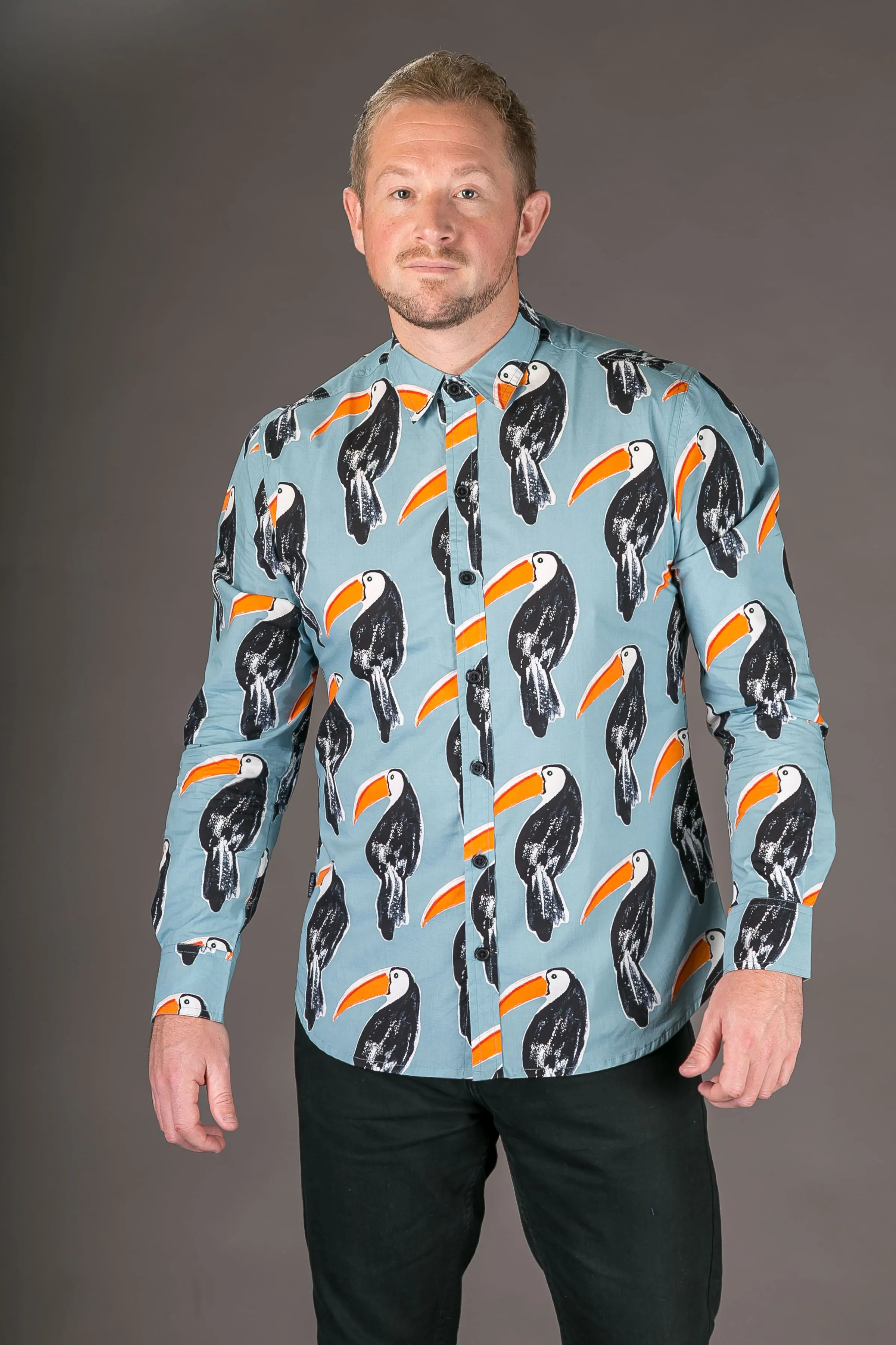 Toucan Bird Blue Print Cotton Slim Fit Mens Shirt Long Sleeve