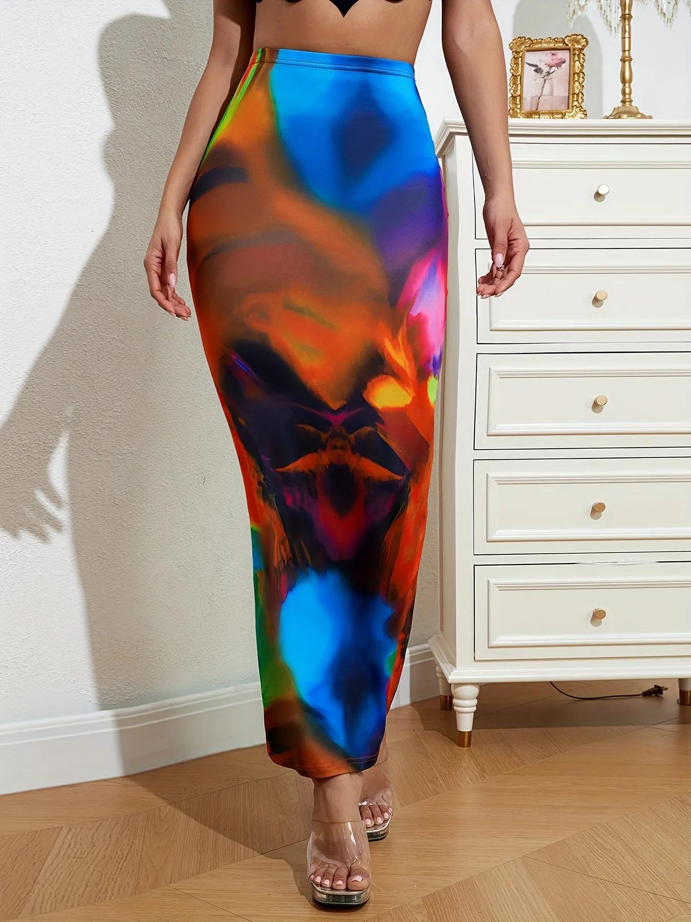 Vibrant Tie Dye High Waist Slim Skirt - Flattering High Waist Design, Slim-Fit Silhouette, Ankle-Length Hem, Fashionably Stylish - Perfect for Spring and Summer Seasons, Designed Exclusively for Women