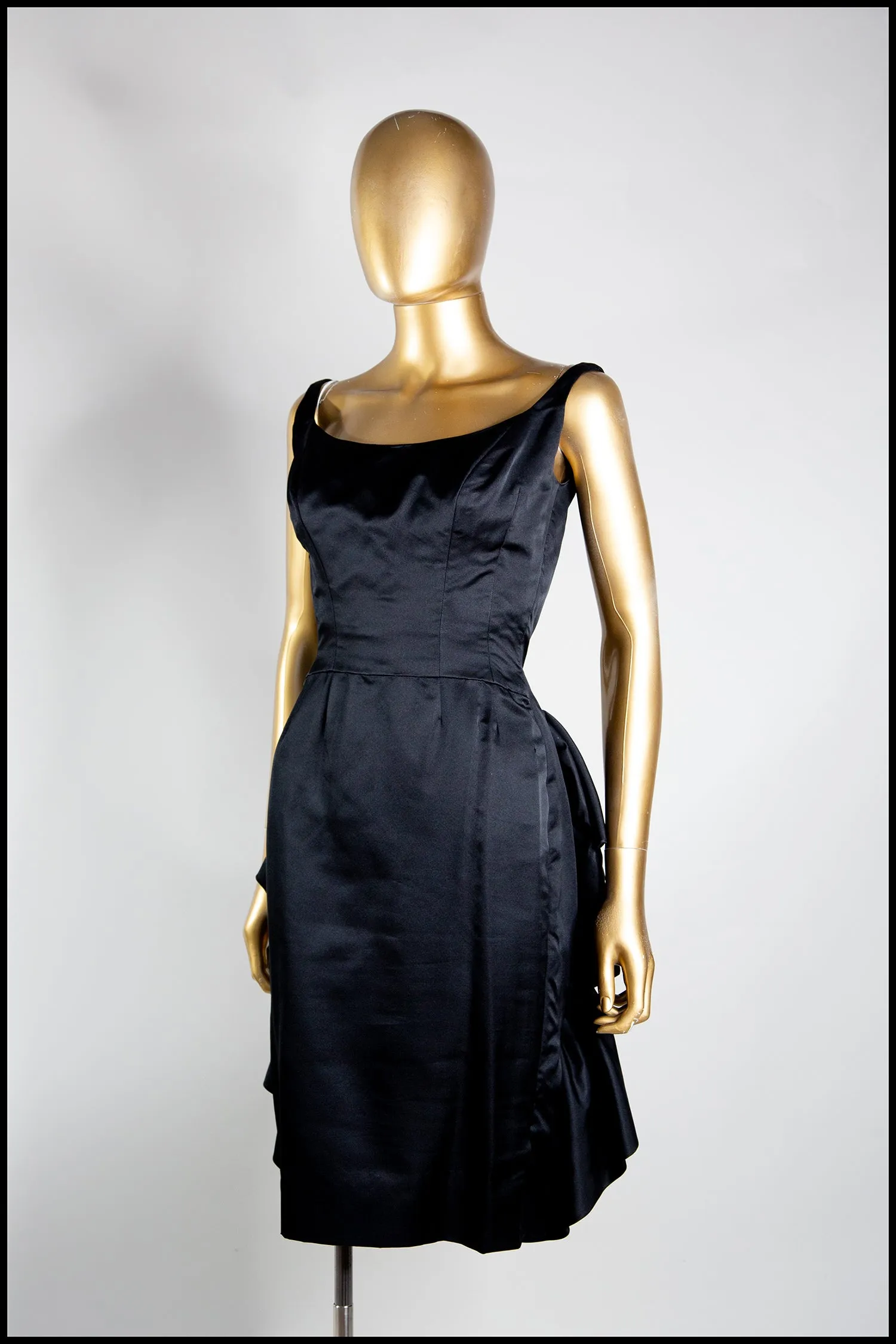 Vintage 1950s Black Satin Vincent Mignon Cocktail Dress