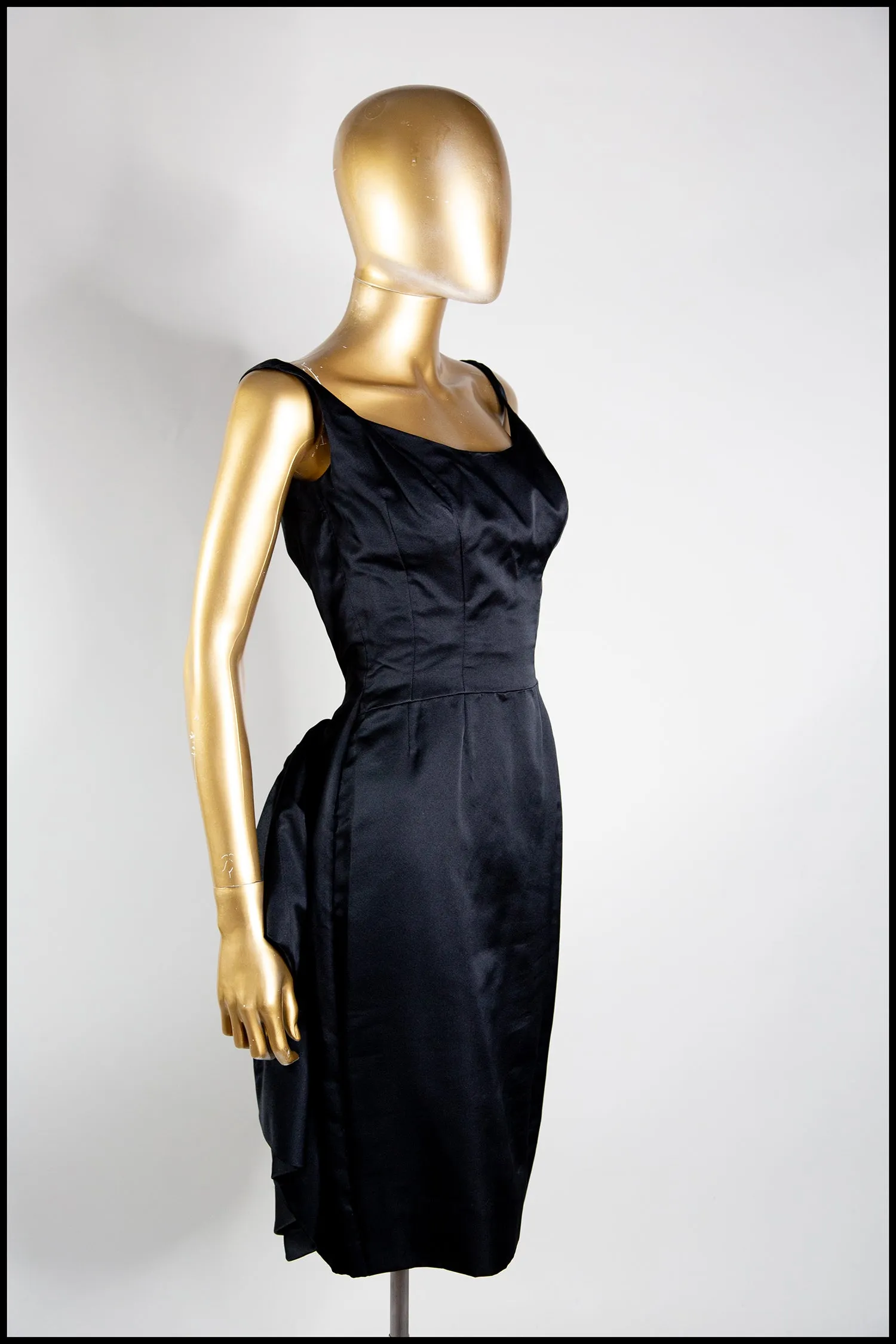 Vintage 1950s Black Satin Vincent Mignon Cocktail Dress