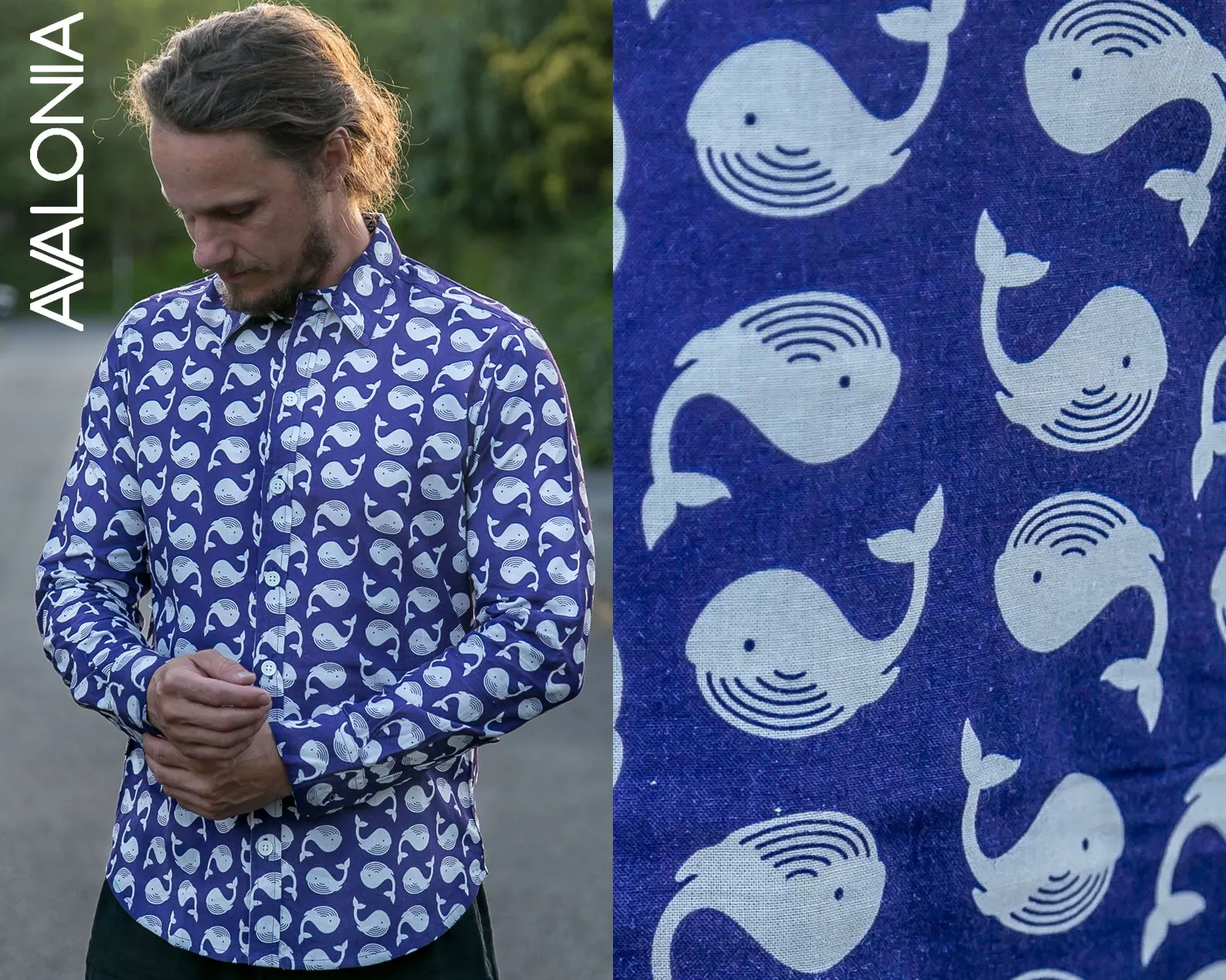 Whales Blue Print Cotton Slim Fit Mens Shirt Long Sleeve