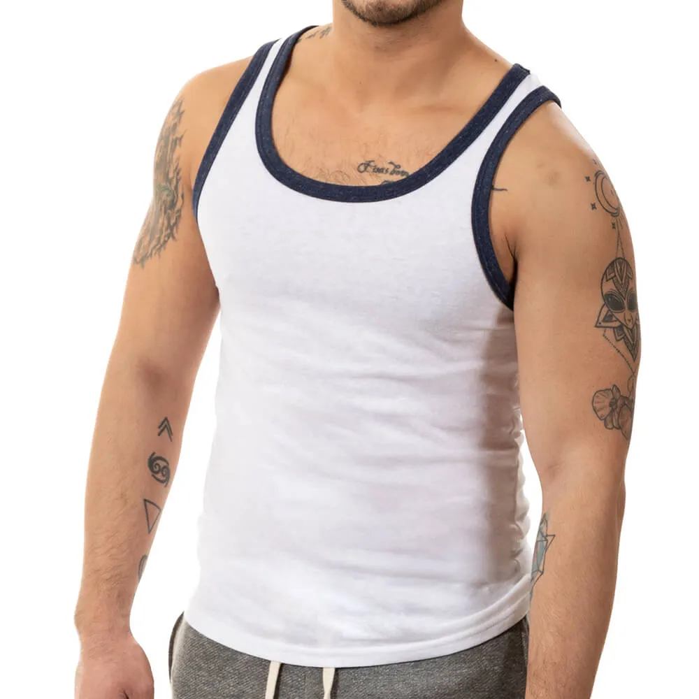 White & Navy Tri-Blend Varsity Tank Top