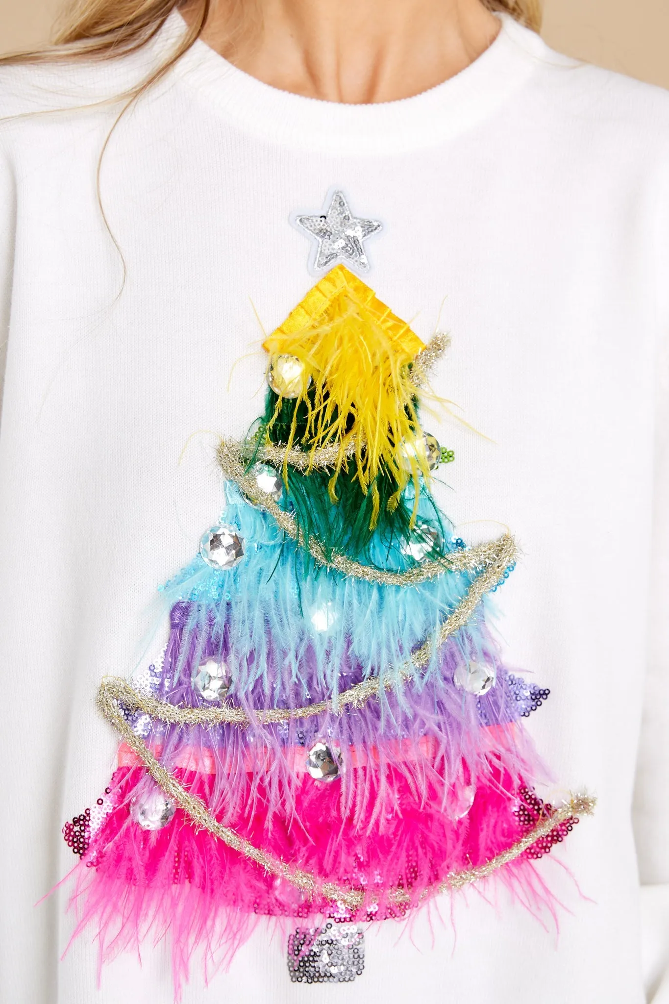 White Feather Christmas Tree Sweater