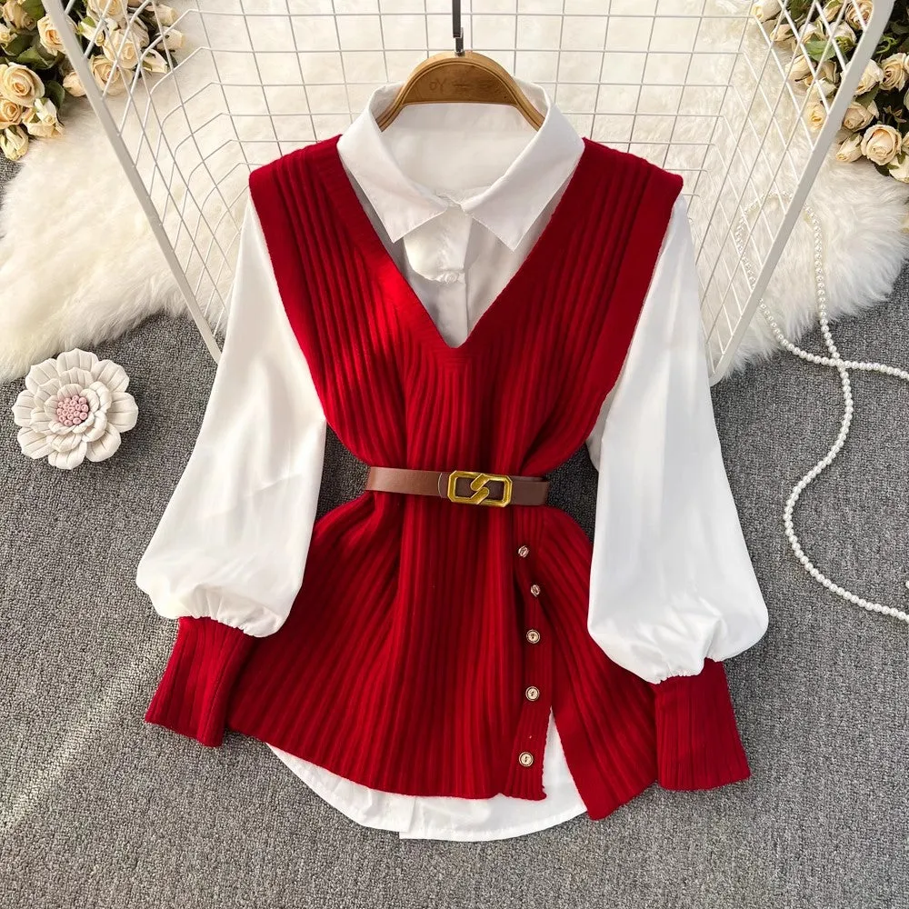 white shirt tops for women knitted vest two-piece set     S4047