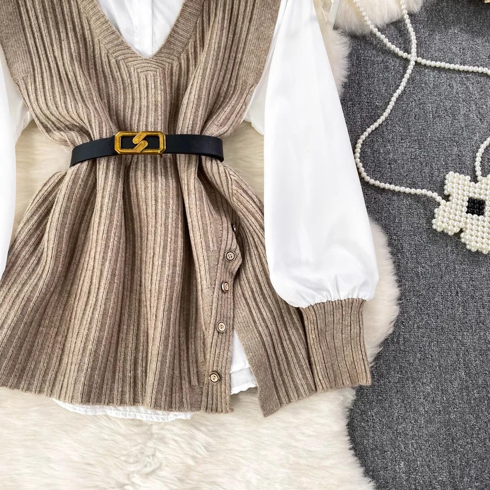 white shirt tops for women knitted vest two-piece set     S4047