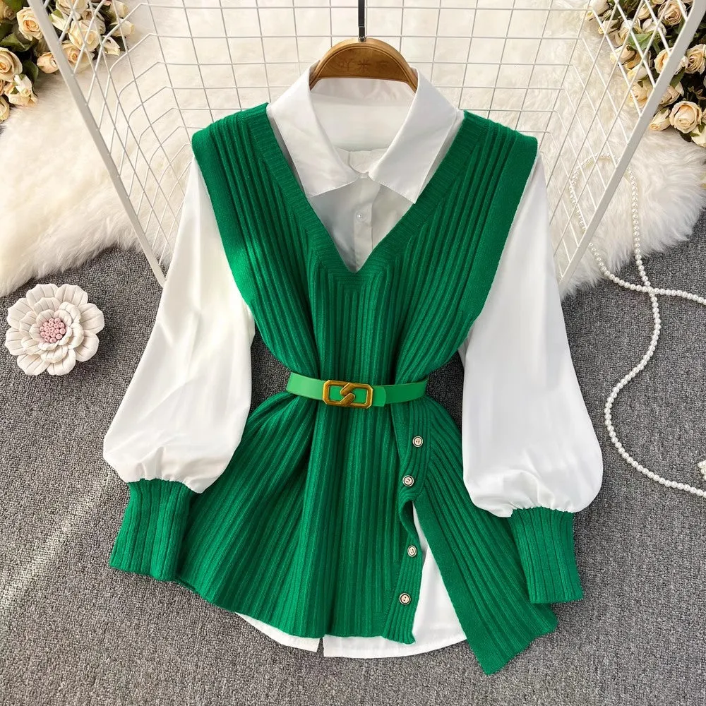 white shirt tops for women knitted vest two-piece set     S4047