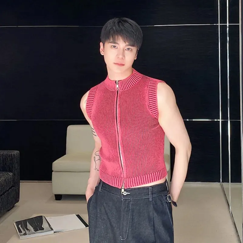 Wiaofellas  -  Knitted Vest Men's Stand Collar Handsome Sweater Vest Korean Streetwear Spring Summer Fashion New Sleeveless T-shirt