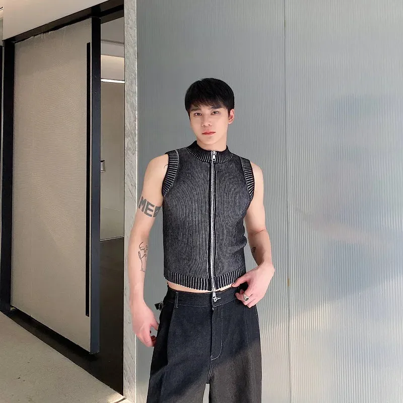 Wiaofellas  -  Knitted Vest Men's Stand Collar Handsome Sweater Vest Korean Streetwear Spring Summer Fashion New Sleeveless T-shirt