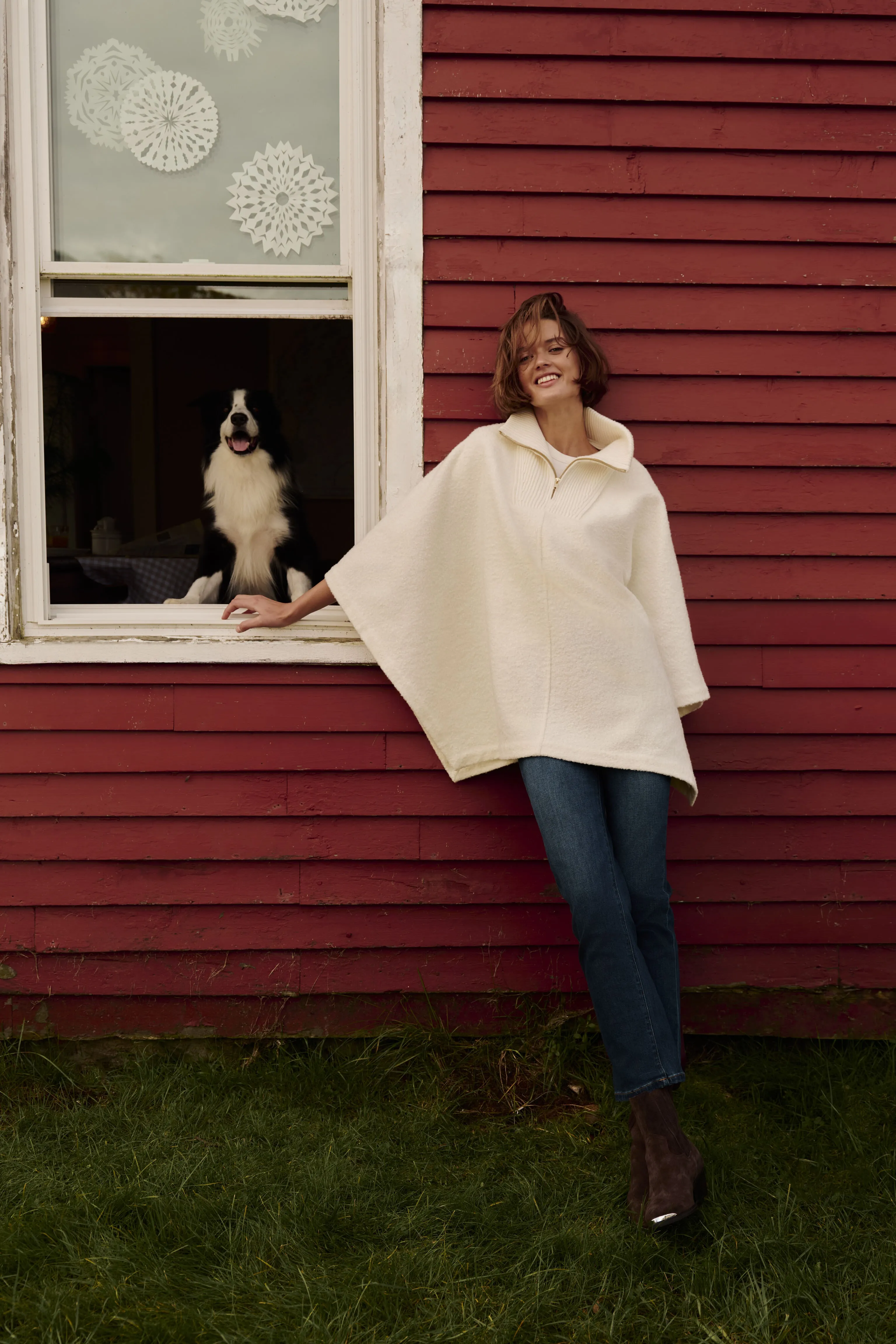 Winter White Boucle High-Neck Poncho