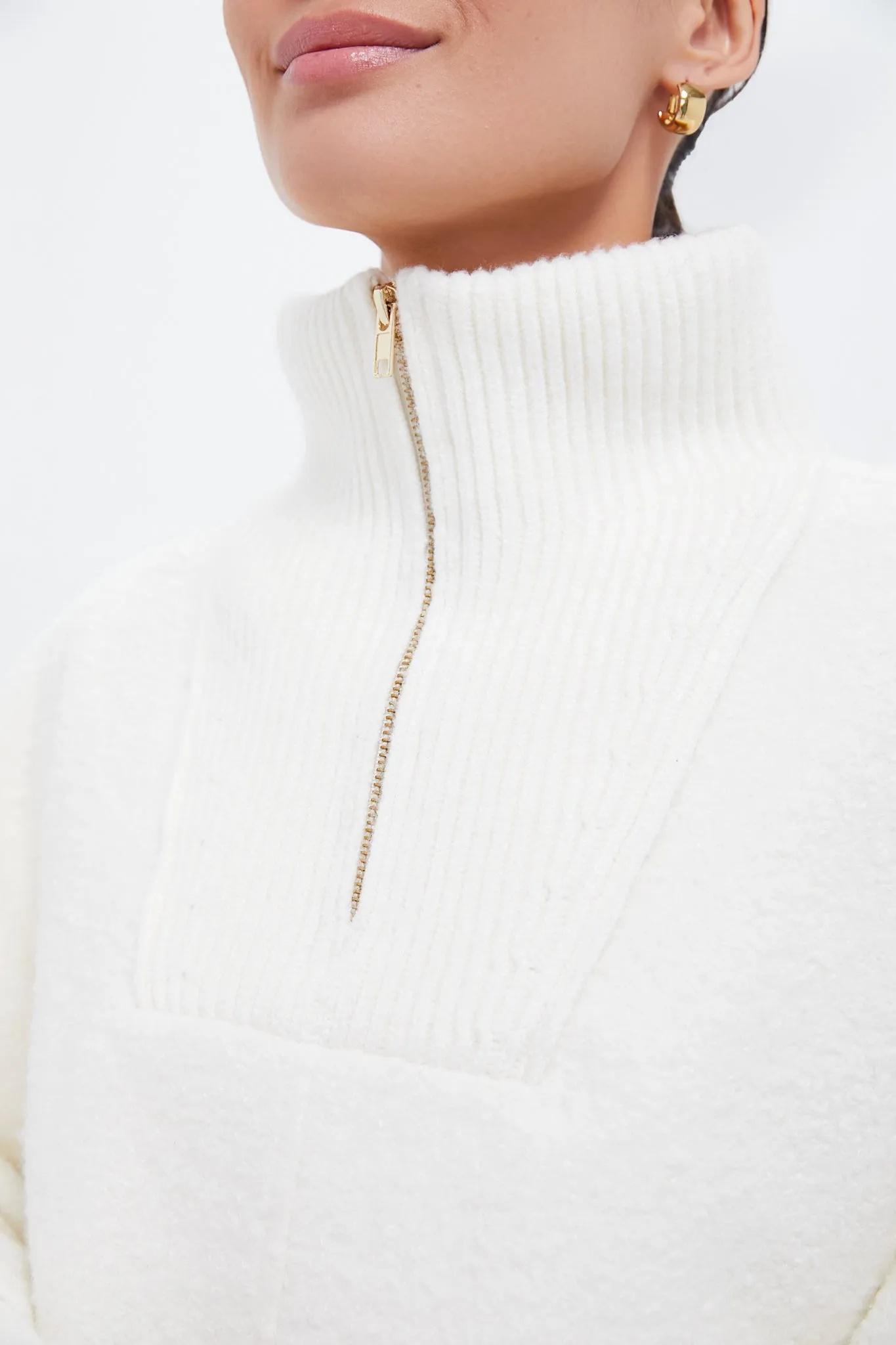 Winter White Boucle High-Neck Poncho