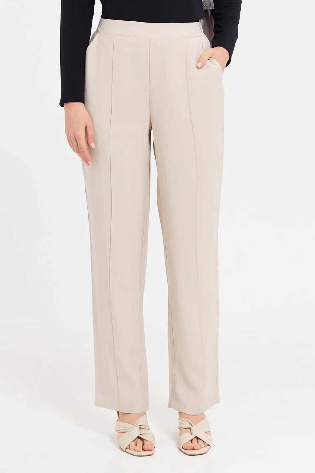 Women Beige Wide Leg Relaxed Fit Trousers