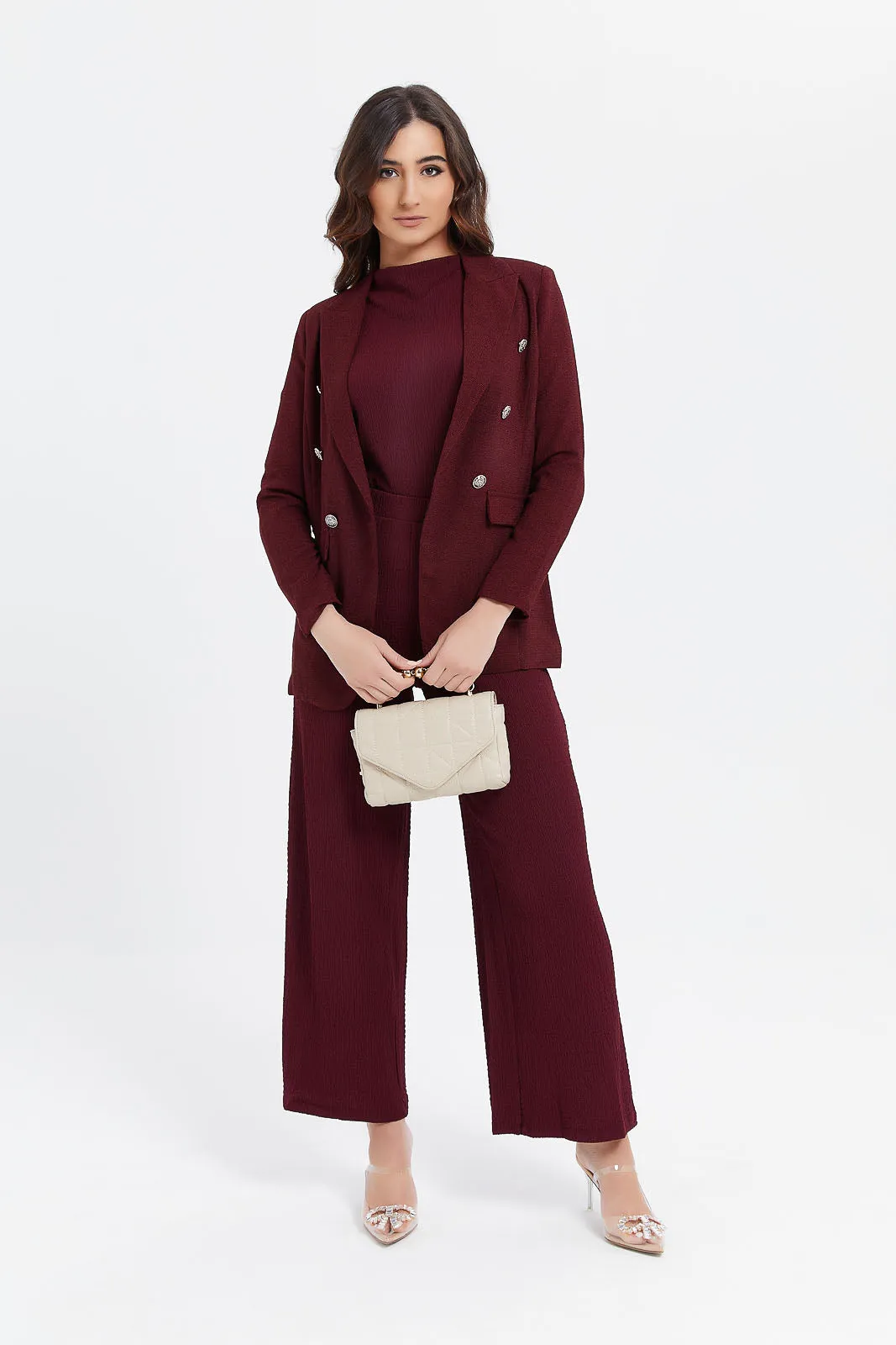 Women Burgundy Buttons Blazer