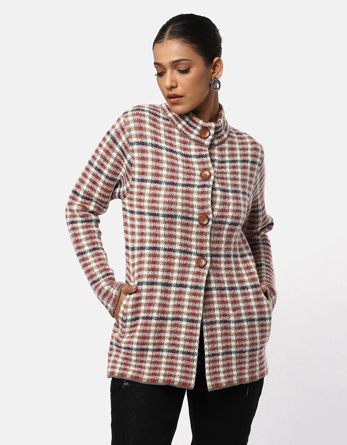 Women Knitted Checkered Short Coat